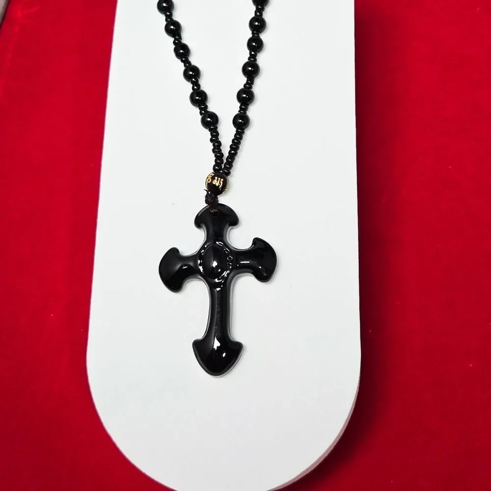 Black Obsidian Cross Beaded Necklace Streetwear Faith Pendant Jewelry Unisex 25